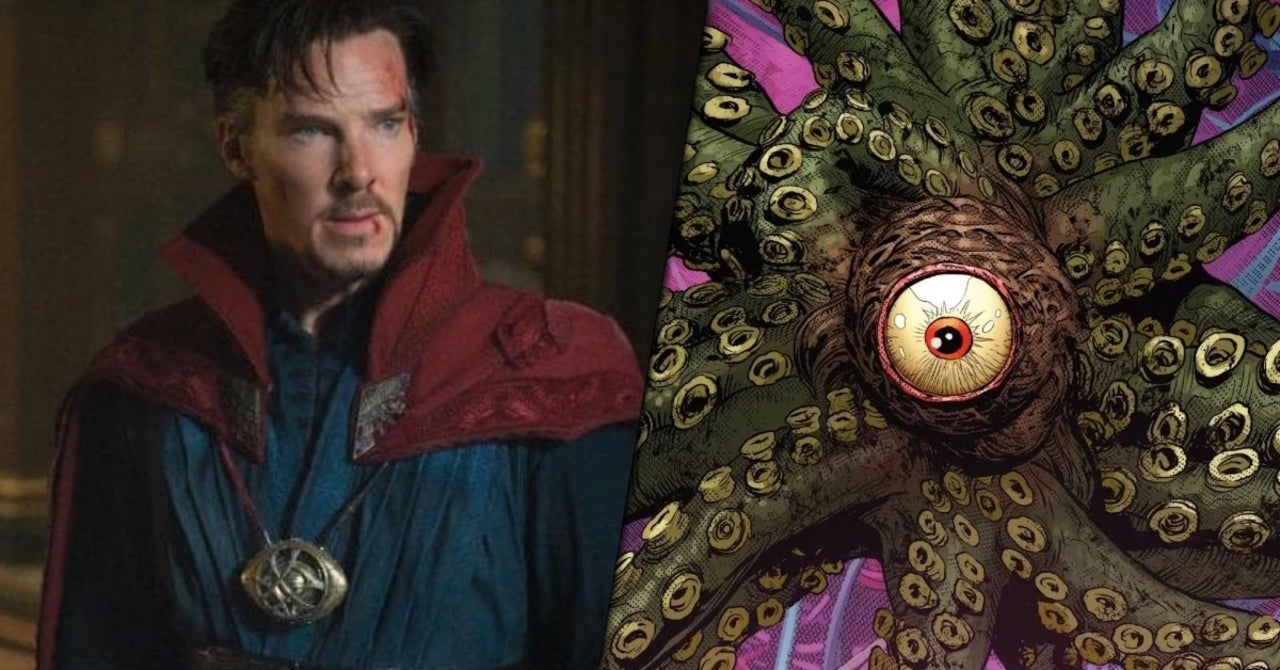 photo of benedict cumberbatch as doctor strange and comic book version of shuma-gorath